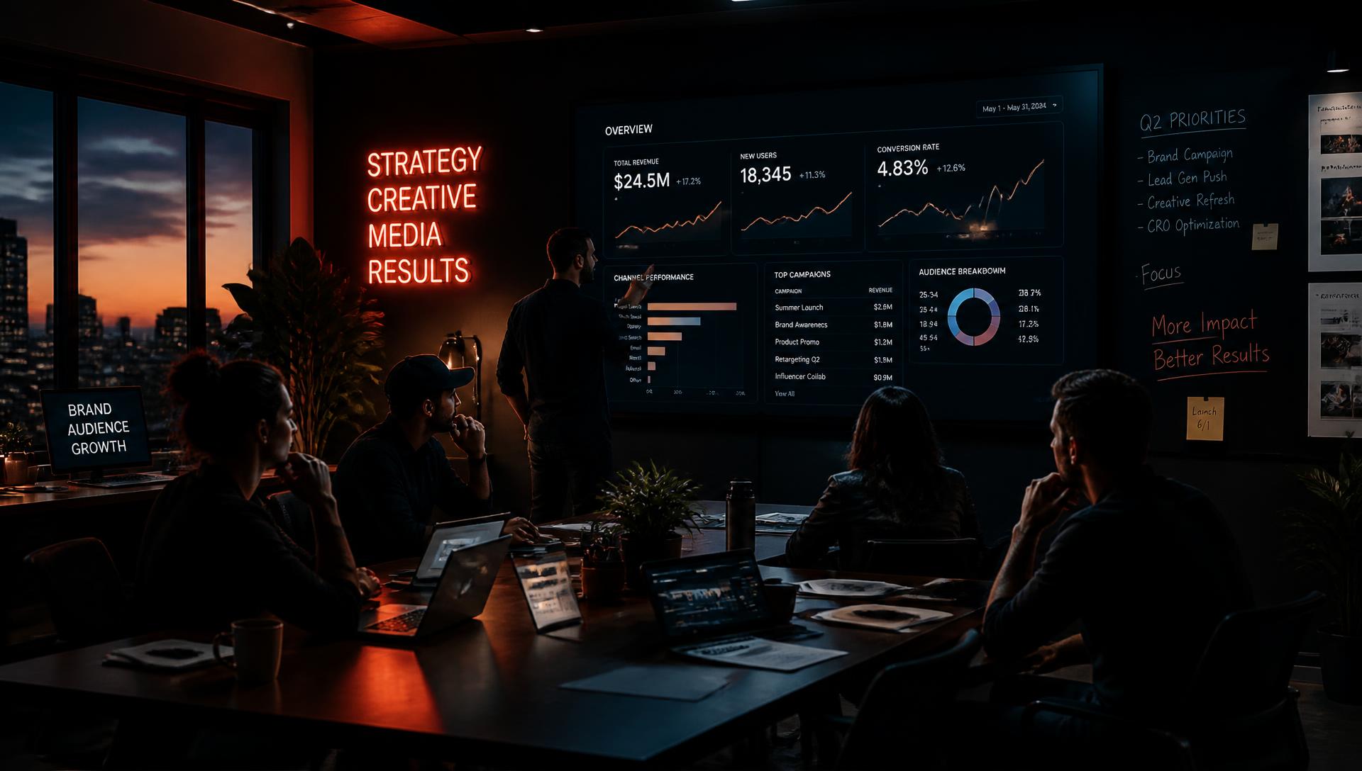 CoreReach strategists reviewing live campaign performance dashboards
